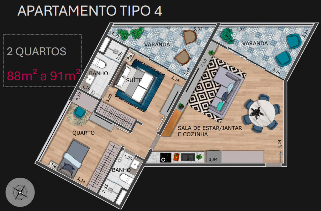 apartamento na planta com 2 quartos